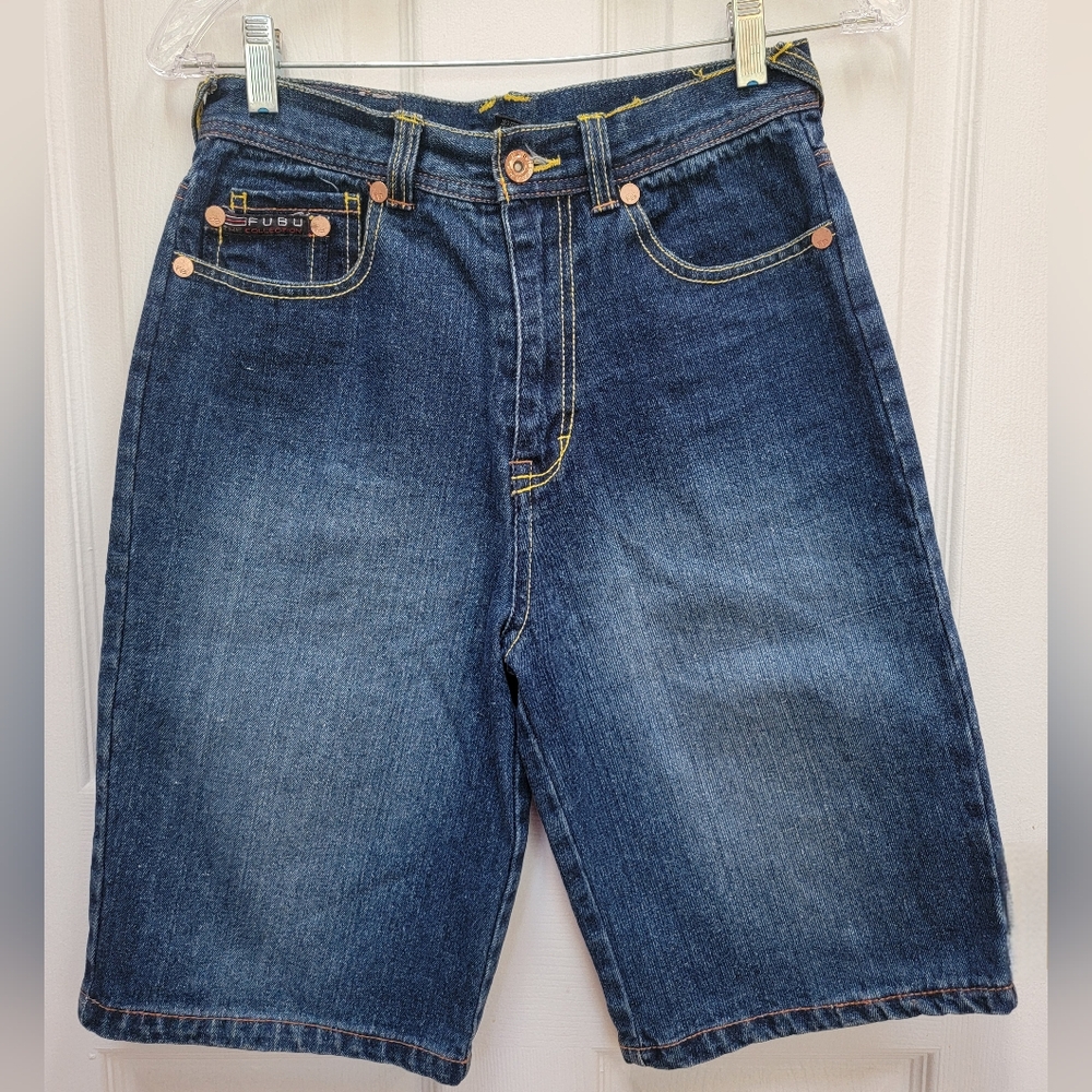FUBU The Collection Embroidered Vintage Y2K Blue Denim Shorts Size 14